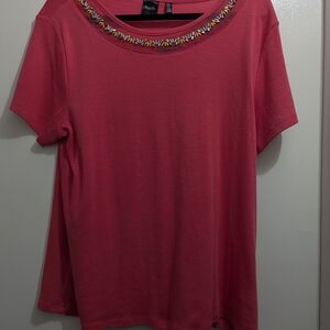 Rafaella Pink Short Sleeve Top with Embellished Neckline
